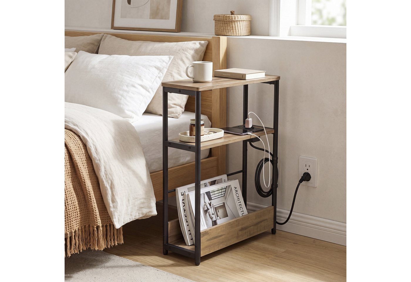 VASAGLE Beistelltisch schmal, Nachttisch, für Wohnzimmer, Schlafzimmer, 18 x 45 x 58 cm, mit Ladefunktion, Couchtisch, 3 Ablagen, Milchkaffeebraun, klein – Bild 3 von 5