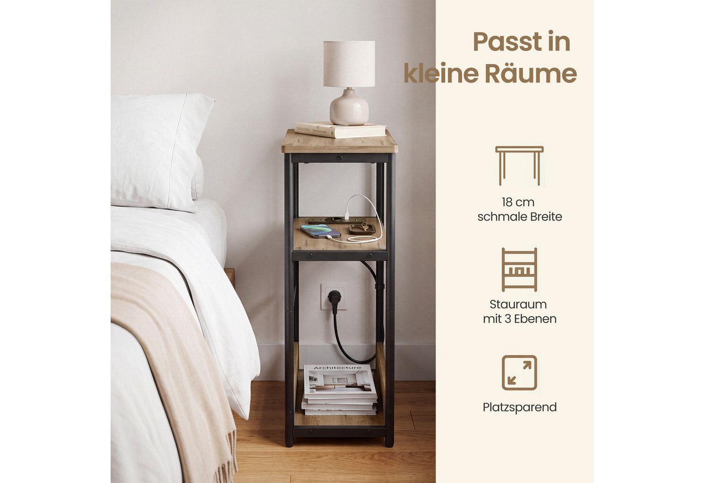 VASAGLE Beistelltisch schmal, Nachttisch, für Wohnzimmer, Schlafzimmer, 18 x 45 x 58 cm, mit Ladefunktion, Couchtisch, 3 Ablagen, Milchkaffeebraun, klein – Bild 4 von 5