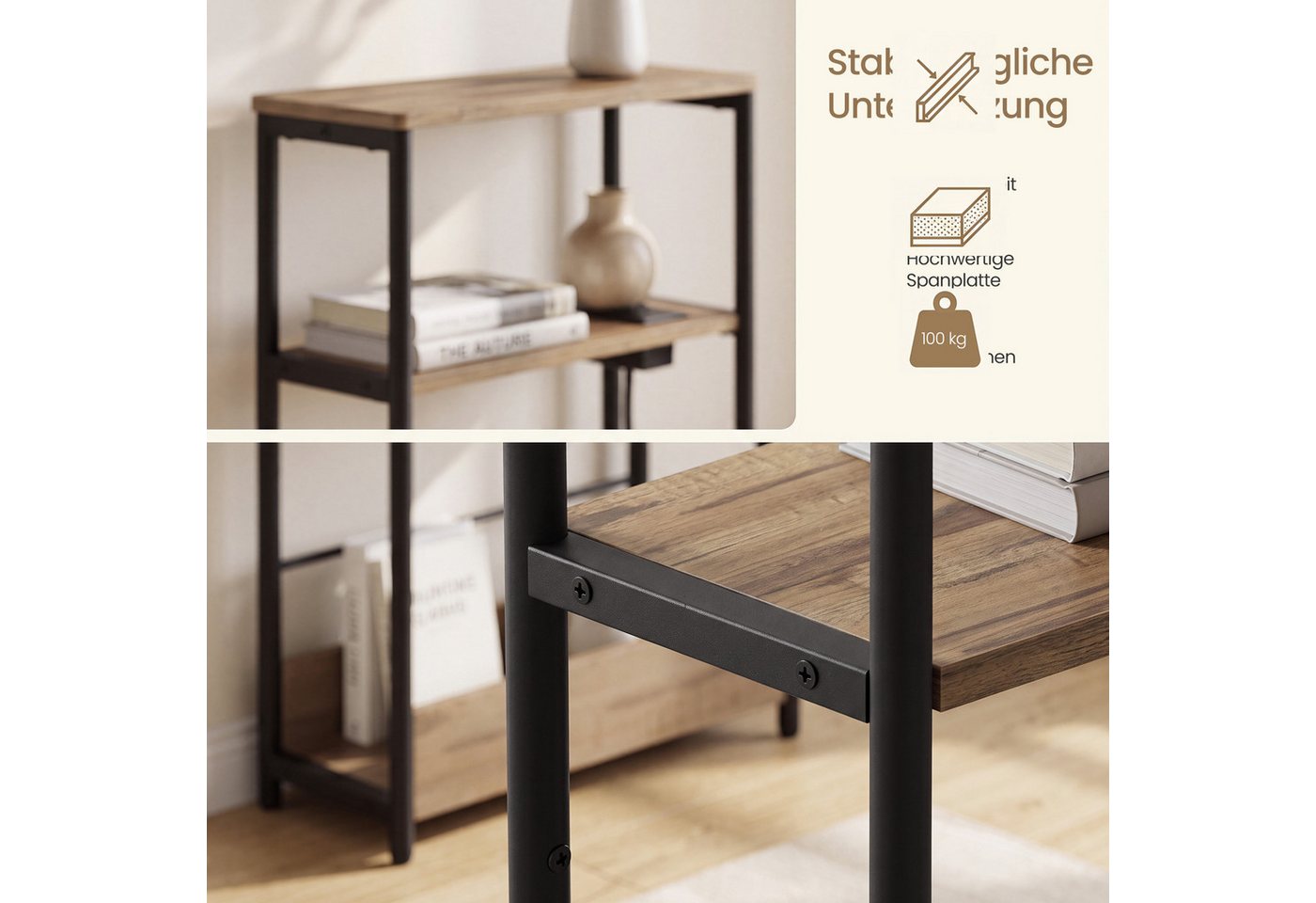 VASAGLE Beistelltisch schmal, Nachttisch, für Wohnzimmer, Schlafzimmer, 18 x 45 x 58 cm, mit Ladefunktion, Couchtisch, 3 Ablagen, Milchkaffeebraun, klein – Bild 5 von 5