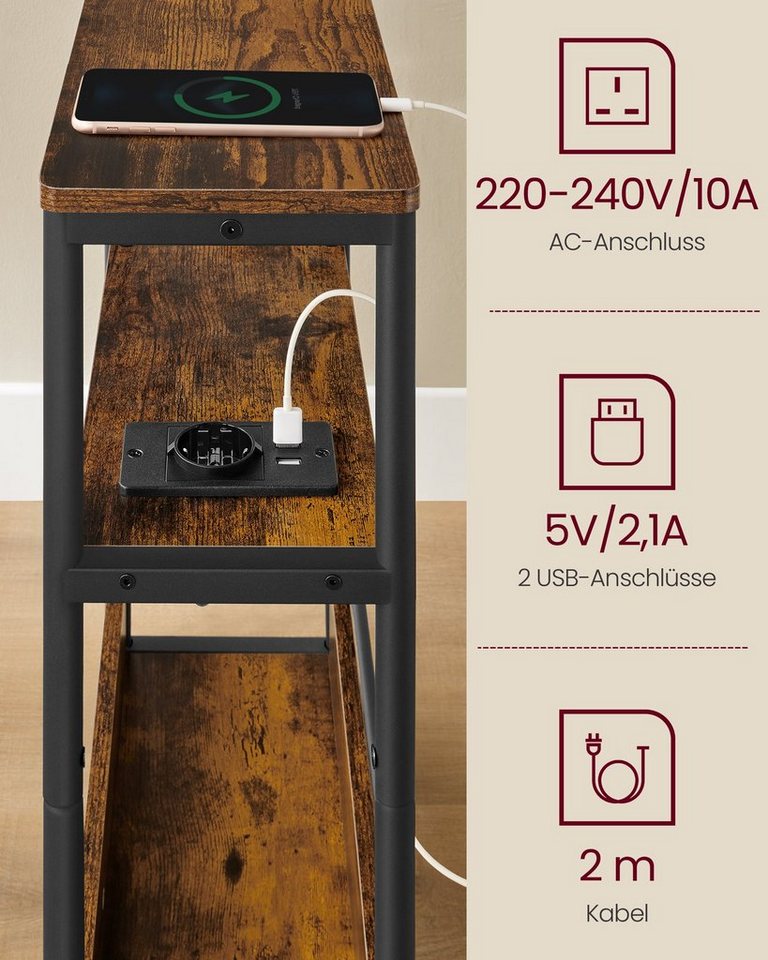 VASAGLE Beistelltisch schmal, Nachttisch, für Wohnzimmer, Schlafzimmer, 18 x 45 x 58 cm, mit Ladefunktion, Couchtisch, 3 Ablagen, vintagebraun-tintenschwarz – Bild 4 von 5