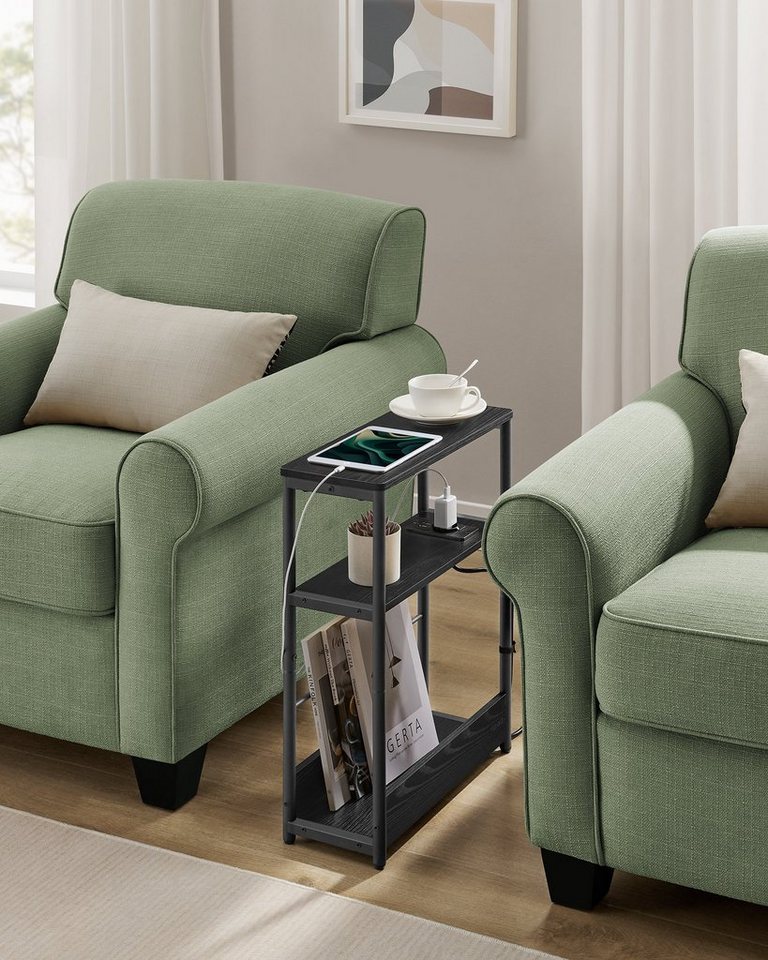 VASAGLE Beistelltisch schmal, Nachttisch, für Wohnzimmer, Schlafzimmer, 18 x 45 x 58 cm, mit Ladefunktion, Couchtisch, 3 Ablagen, ebenholzschwarz-tintenschwarz – Bild 2 von 5