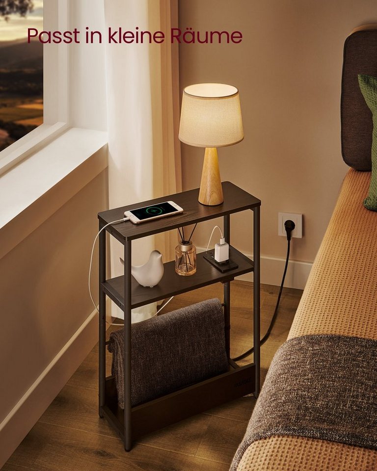 VASAGLE Beistelltisch schmal, Nachttisch, für Wohnzimmer, Schlafzimmer, 18 x 45 x 58 cm, mit Ladefunktion, Couchtisch, 3 Ablagen, ebenholzschwarz-tintenschwarz – Bild 3 von 5