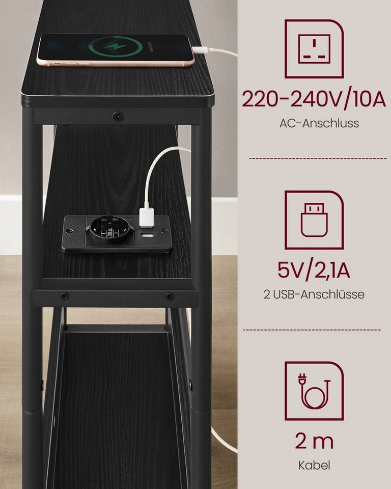 VASAGLE Beistelltisch schmal, Nachttisch, für Wohnzimmer, Schlafzimmer, 18 x 45 x 58 cm, mit Ladefunktion, Couchtisch, 3 Ablagen, ebenholzschwarz-tintenschwarz – Bild 4 von 5