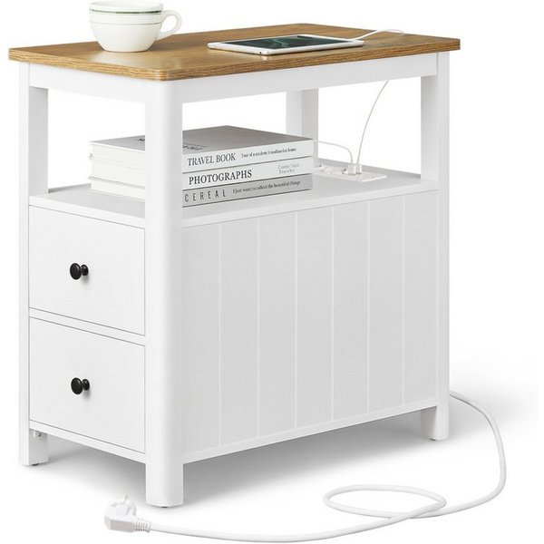 VASAGLE Beistelltisch Sofatisch, Nachtschrank für Wohnzimmer, Schlafzimmer (1-St), Nachttisch mit Steckdosenleiste, 2 Schubladen