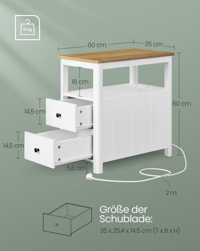 VASAGLE Beistelltisch Sofatisch, Nachtschrank für Wohnzimmer, Schlafzimmer (1-St), Nachttisch mit Steckdosenleiste, 2 Schubladen – Bild 5 von 5