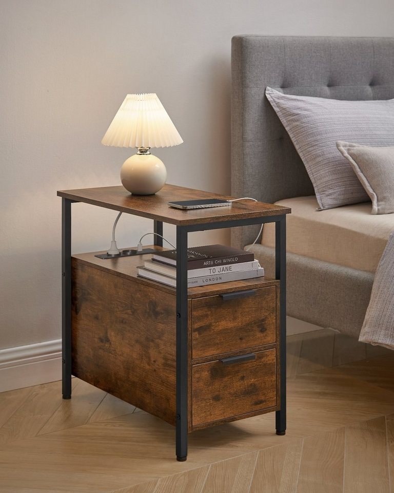 VASAGLE Beistelltisch Sofatisch, Nachtschrank für Wohnzimmer, Schlafzimmer (1-St), Nachttisch mit Steckdosenleiste, 2 Schubladen – Bild 3 von 5