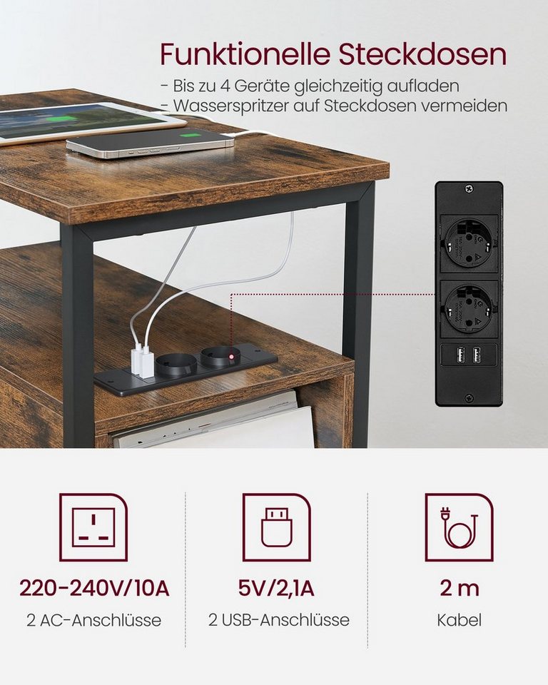 VASAGLE Beistelltisch Sofatisch, Nachtschrank für Wohnzimmer, Schlafzimmer (1-St), Nachttisch mit Steckdosenleiste, 2 Schubladen – Bild 4 von 5