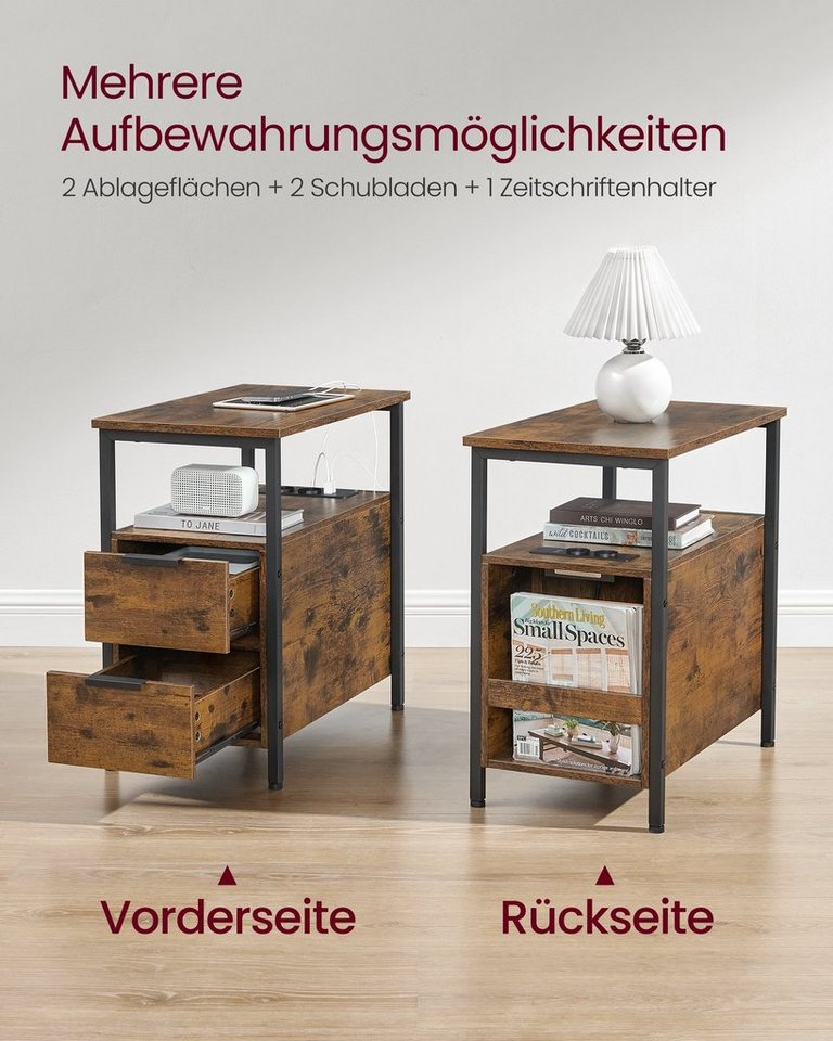 VASAGLE Beistelltisch Sofatisch, Nachtschrank für Wohnzimmer, Schlafzimmer (1-St), Nachttisch mit Steckdosenleiste, 2 Schubladen – Bild 5 von 5