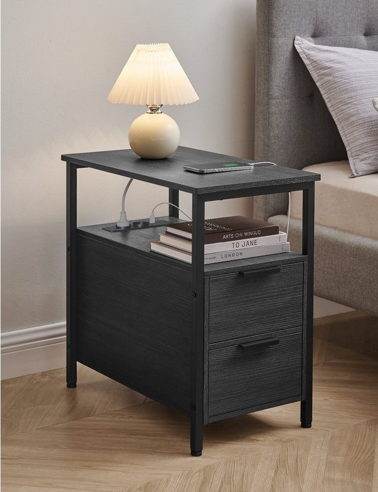 VASAGLE Beistelltisch Sofatisch, Nachtschrank für Wohnzimmer, Schlafzimmer (1-St), Nachttisch mit Steckdosenleiste, 2 Schubladen – Bild 3 von 5
