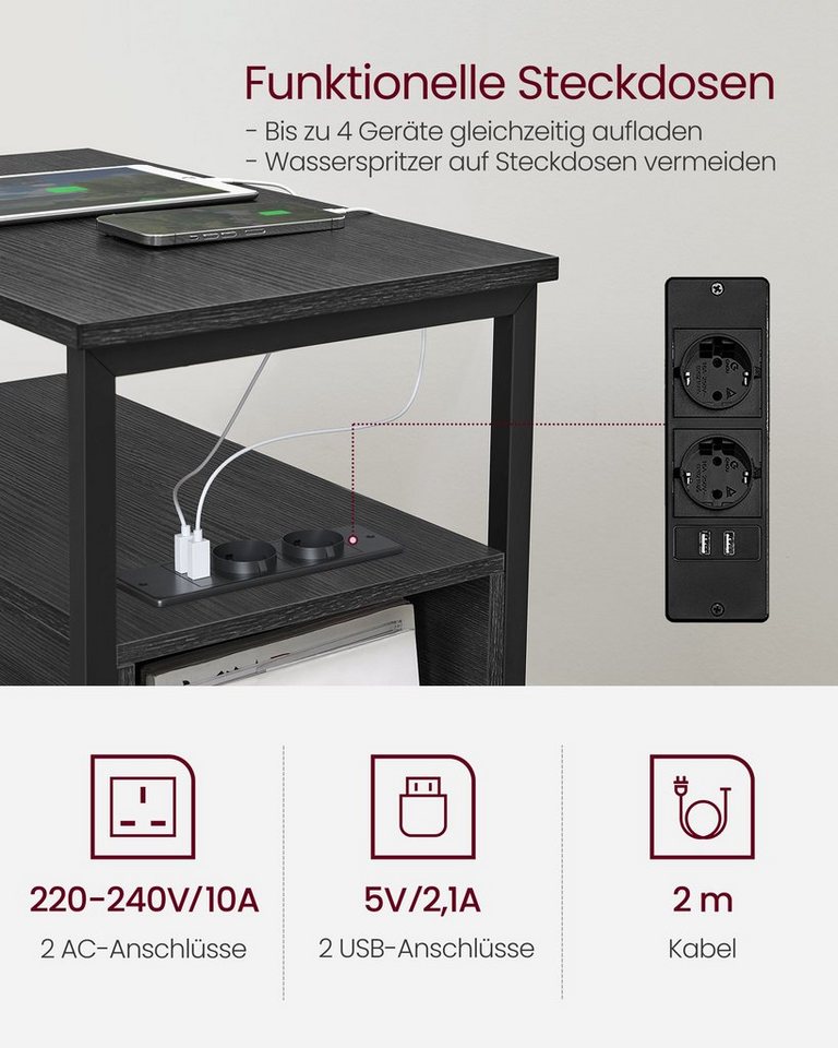 VASAGLE Beistelltisch Sofatisch, Nachtschrank für Wohnzimmer, Schlafzimmer (1-St), Nachttisch mit Steckdosenleiste, 2 Schubladen – Bild 4 von 5