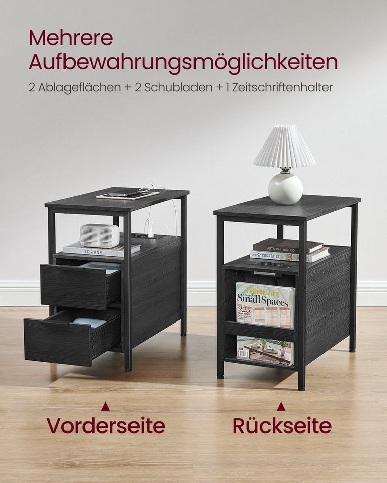 VASAGLE Beistelltisch Sofatisch, Nachtschrank für Wohnzimmer, Schlafzimmer (1-St), Nachttisch mit Steckdosenleiste, 2 Schubladen – Bild 5 von 5