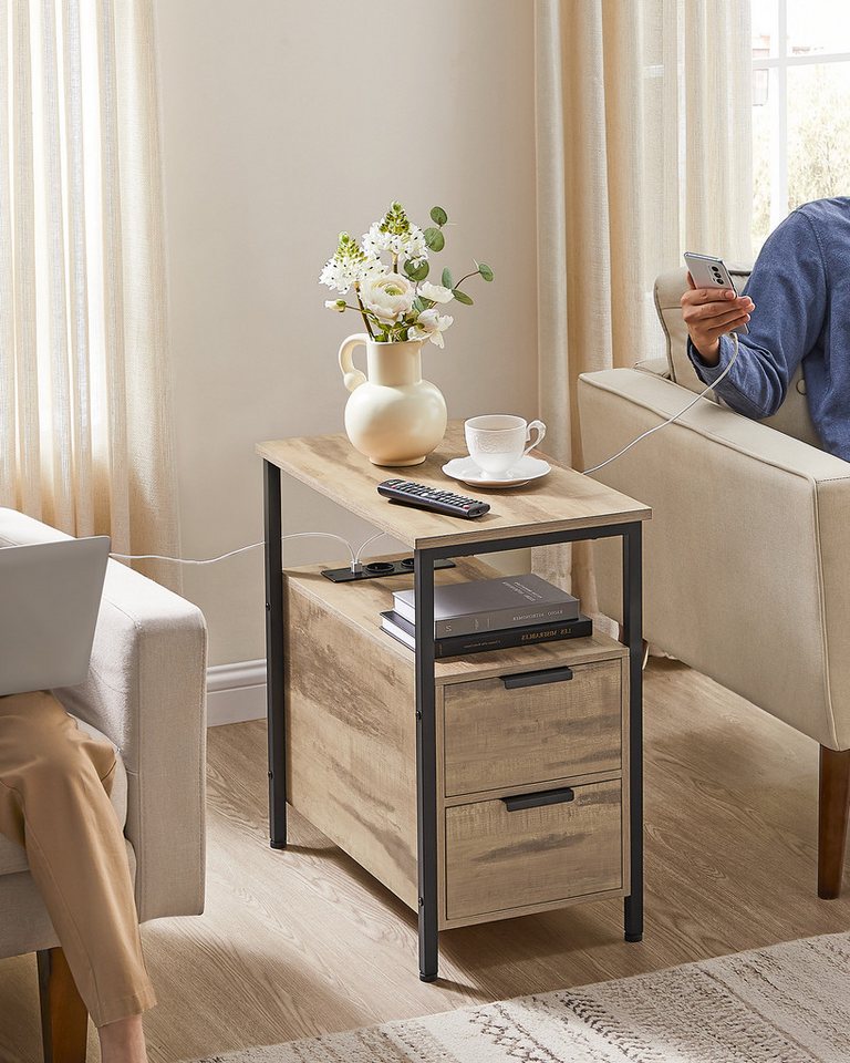 VASAGLE Beistelltisch Sofatisch, Nachtschrank für Wohnzimmer, Schlafzimmer (1-St), Nachttisch mit Steckdosenleiste, 2 Schubladen – Bild 2 von 5