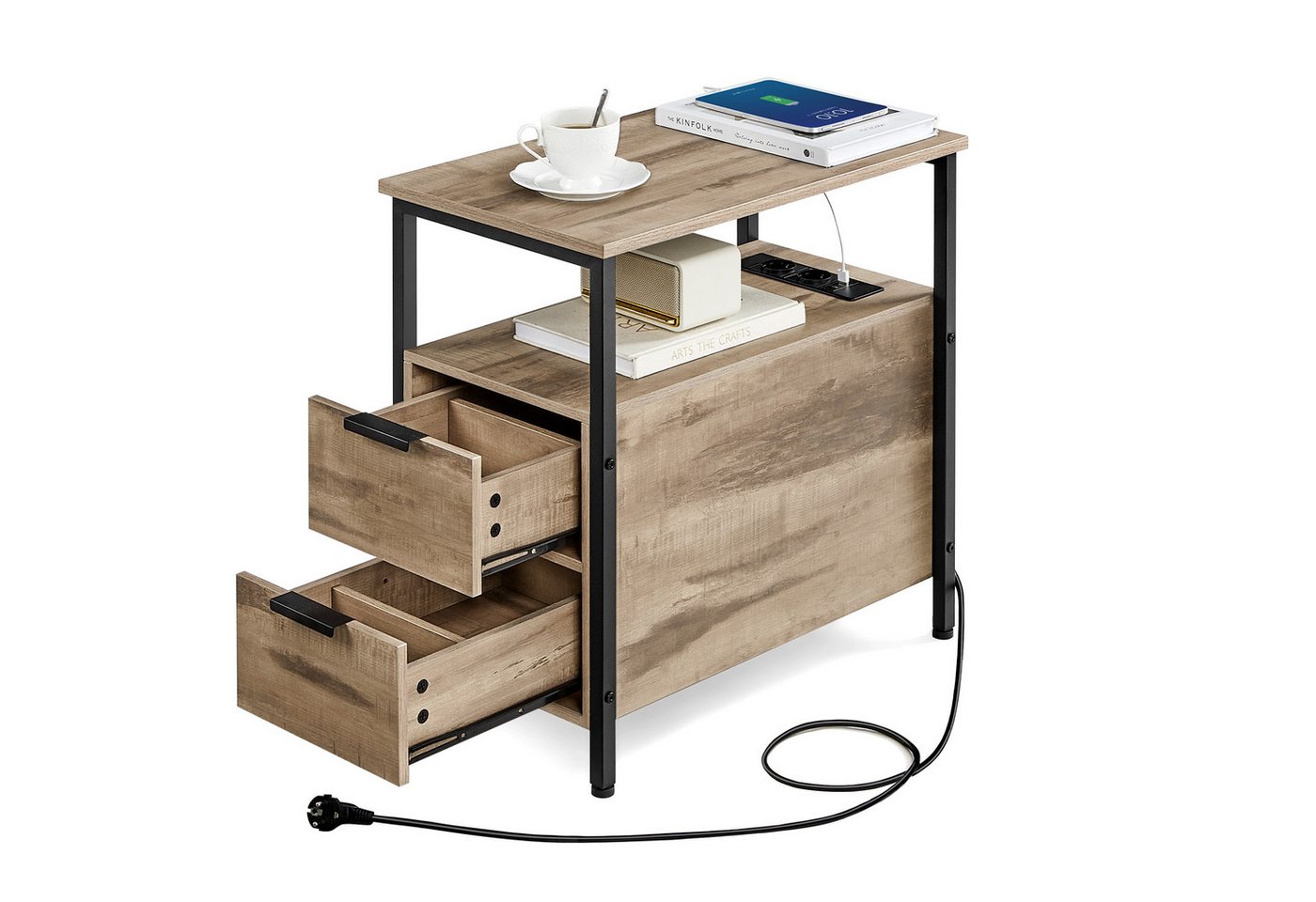 VASAGLE Beistelltisch Sofatisch, Nachtschrank für Wohnzimmer, Schlafzimmer (1-St), Nachttisch mit Steckdosenleiste, 2 Schubladen – Bild 3 von 5