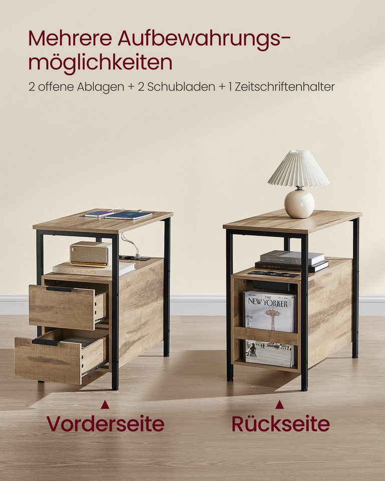VASAGLE Beistelltisch Sofatisch, Nachtschrank für Wohnzimmer, Schlafzimmer (1-St), Nachttisch mit Steckdosenleiste, 2 Schubladen – Bild 5 von 5