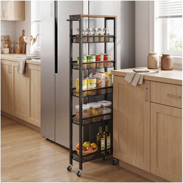 VASAGLE Beistellwagen Küchenwagen schmal, für kleine Räume, Küche, Wohnzimmer, Arbeitszimmer, 6 Ablagen, Nischenregal auf Rollen, Stahl, Griff, 45,4 x 15 x 131,