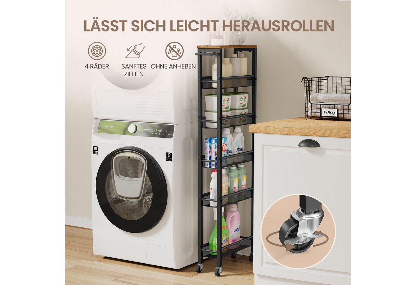VASAGLE Beistellwagen Küchenwagen schmal, für kleine Räume, Küche, Wohnzimmer, Arbeitszimmer, 6 Ablagen, Nischenregal auf Rollen, Stahl, Griff, 45,4 x 15 x 131, – Bild 2 von 5