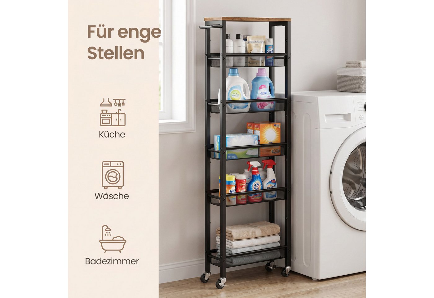 VASAGLE Beistellwagen Küchenwagen schmal, für kleine Räume, Küche, Wohnzimmer, Arbeitszimmer, 6 Ablagen, Nischenregal auf Rollen, Stahl, Griff, 45,4 x 15 x 131, – Bild 4 von 5