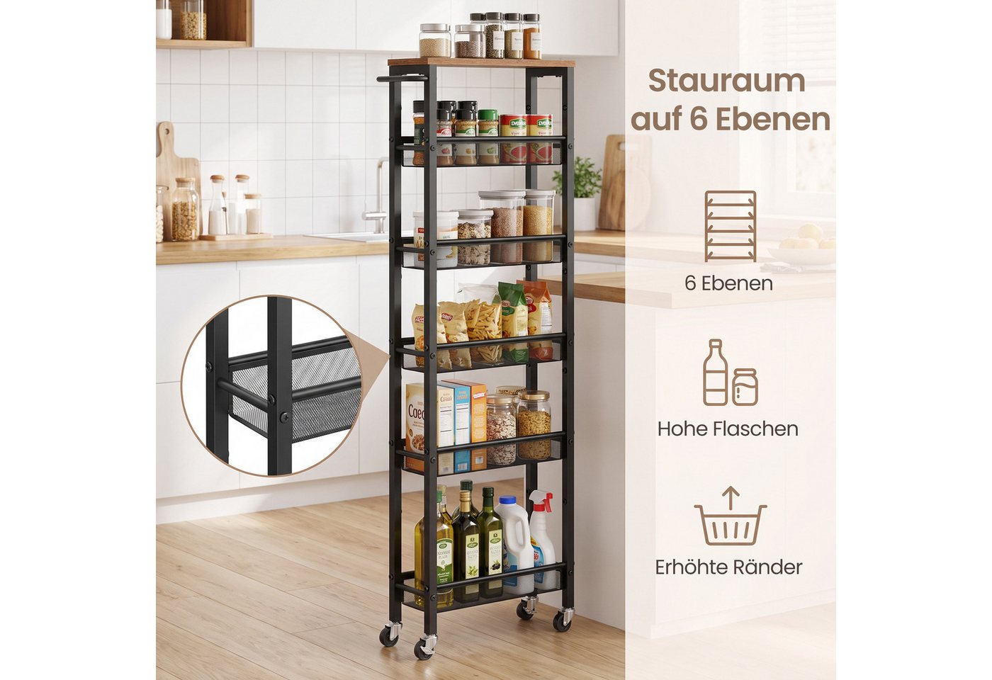 VASAGLE Beistellwagen Küchenwagen schmal, für kleine Räume, Küche, Wohnzimmer, Arbeitszimmer, 6 Ablagen, Nischenregal auf Rollen, Stahl, Griff, 45,4 x 15 x 131, – Bild 5 von 5