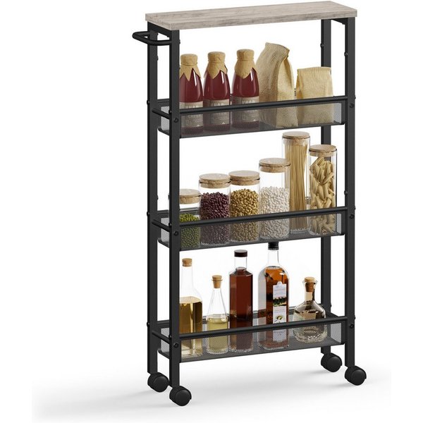 VASAGLE Beistellwagen Küchenwagen schmal, für kleine Räume, Küche, Wohnzimmer, Arbeitszimmer, 4 Ebenen, Nischenregal auf Rollen, Stahl, Griff, 13 x 45,4 x 77 cm