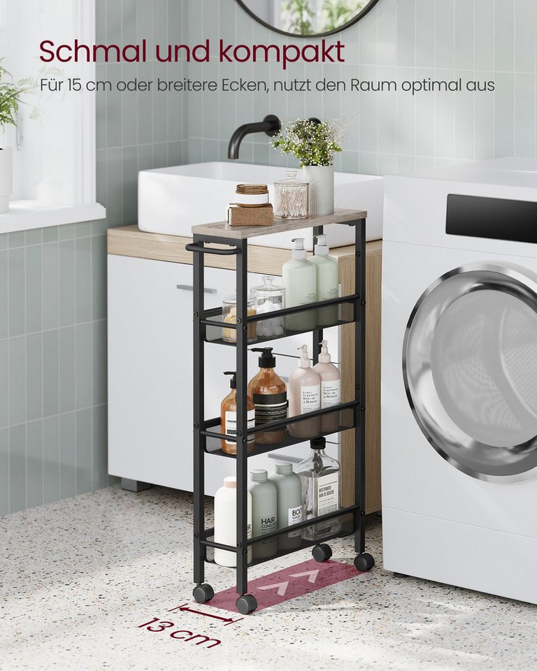 VASAGLE Beistellwagen Küchenwagen schmal, für kleine Räume, Küche, Wohnzimmer, Arbeitszimmer, 4 Ebenen, Nischenregal auf Rollen, Stahl, Griff, 13 x 45,4 x 77 cm – Bild 5 von 5