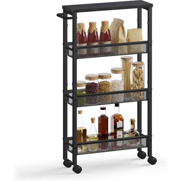 VASAGLE Beistellwagen Küchenwagen schmal, für kleine Räume, Küche, Wohnzimmer, Arbeitszimmer, 4 Ebenen, Nischenregal auf Rollen, Stahl, Griff, 13 x 45,4 x 77 cm