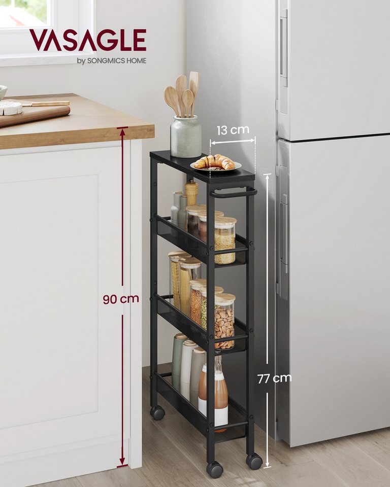 VASAGLE Beistellwagen Küchenwagen schmal, für kleine Räume, Küche, Wohnzimmer, Arbeitszimmer, 4 Ebenen, Nischenregal auf Rollen, Stahl, Griff, 13 x 45,4 x 77 cm – Bild 2 von 5