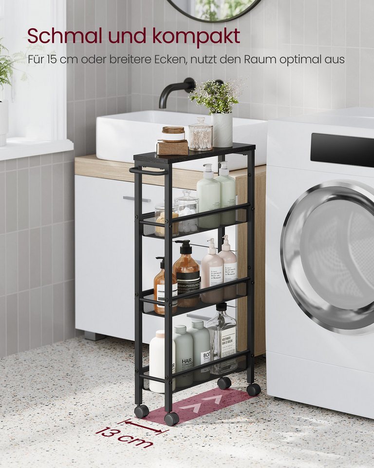 VASAGLE Beistellwagen Küchenwagen schmal, für kleine Räume, Küche, Wohnzimmer, Arbeitszimmer, 4 Ebenen, Nischenregal auf Rollen, Stahl, Griff, 13 x 45,4 x 77 cm – Bild 5 von 5