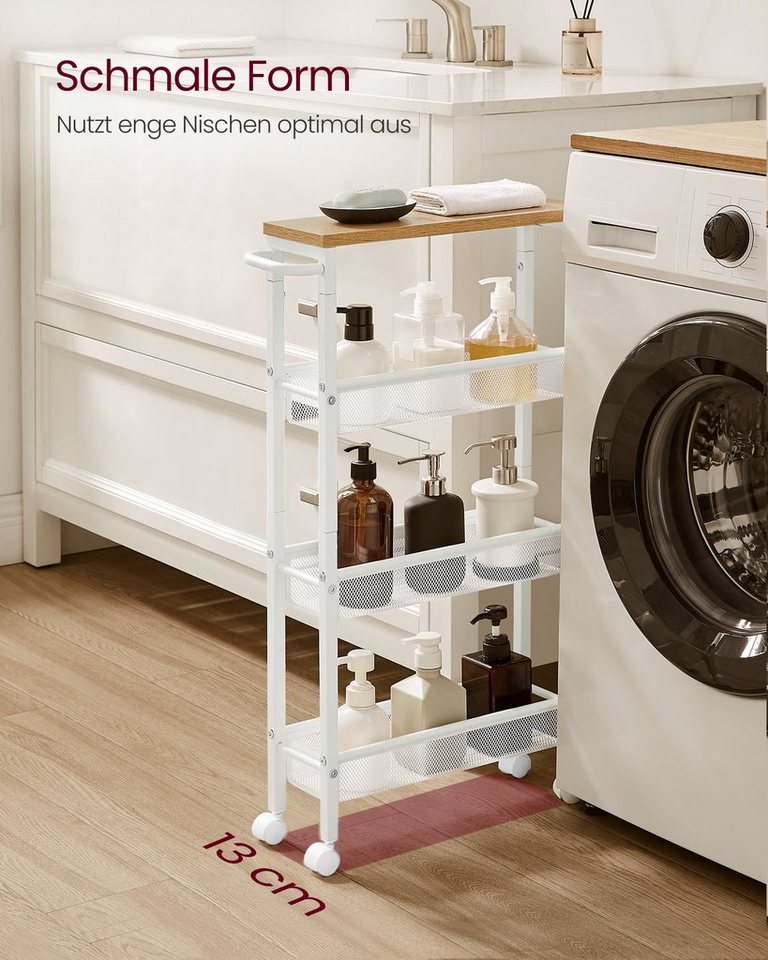 VASAGLE Beistellwagen Küchenwagen schmal, für kleine Räume, Küche, Wohnzimmer, Arbeitszimmer, 4 Ebenen, Nischenregal auf Rollen, Stahl, Griff, 13 x 45,4 x 77 cm – Bild 3 von 5