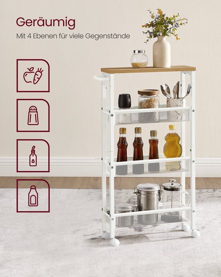 VASAGLE Beistellwagen Küchenwagen schmal, für kleine Räume, Küche, Wohnzimmer, Arbeitszimmer, 4 Ebenen, Nischenregal auf Rollen, Stahl, Griff, 13 x 45,4 x 77 cm – Bild 4 von 5