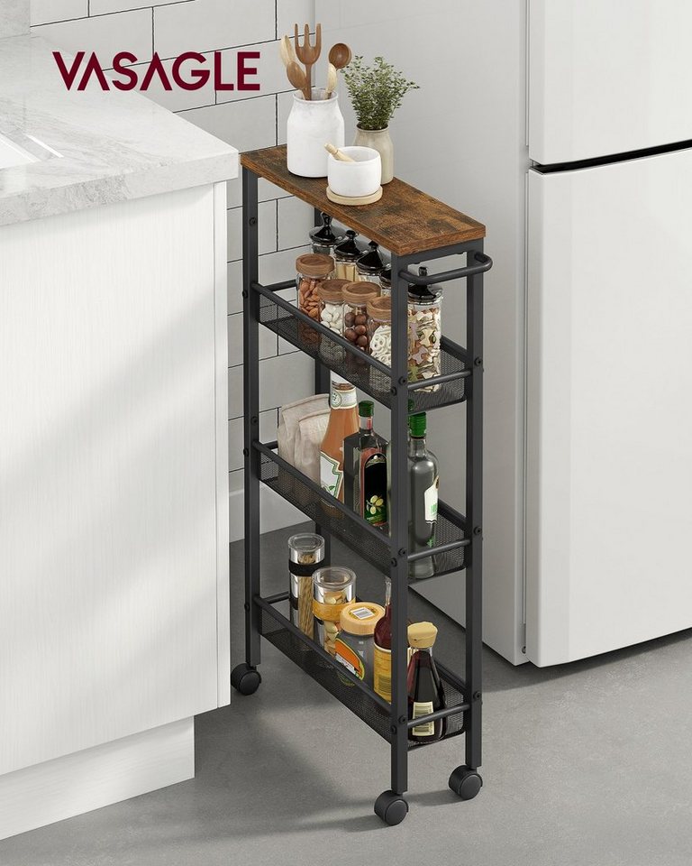 VASAGLE Beistellwagen Küchenwagen schmal, für kleine Räume, Küche, Wohnzimmer, Arbeitszimmer, 4 Ebenen, Nischenregal auf Rollen, Stahl, Griff, 13 x 45,4 x 77 cm – Bild 2 von 5