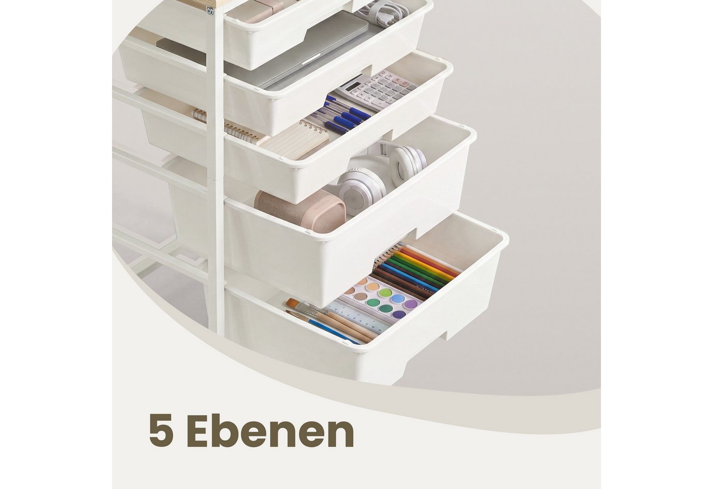 VASAGLE Beistellwagen Rollwagen mit Schubladen, Rollcontainer, Organizer für Küche und Bad, 5 Ebenen Nischenwagen mit Rollen, 39,5 x 28,5 x 63 cm – Bild 5 von 5