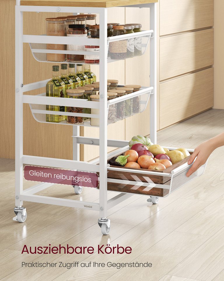 VASAGLE Beistellwagen Servierwagen, Rollwagen mit herausziehbaren Körben, Küchenregal, mit 4 Ebenen, auf Rollen, Griff, 31,7 x 40 x 76 cm – Bild 2 von 5
