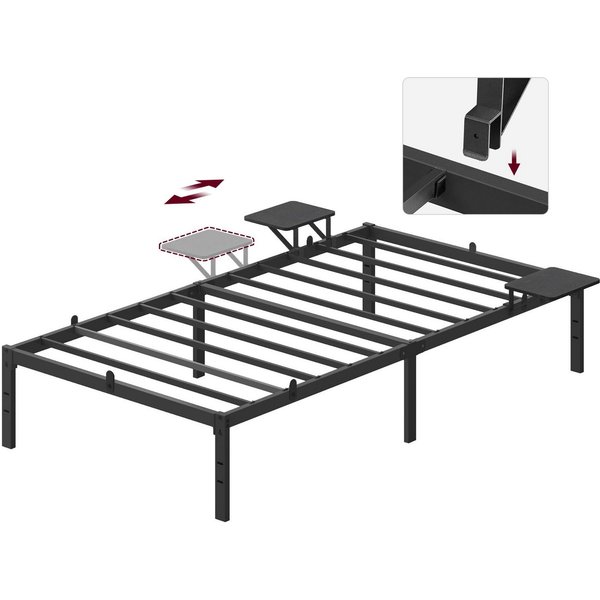 VASAGLE Bettgestell aus Metall mit Lattenrost und Ablagen, einfach zu montieren (90 x 200 cm), Einzelbettgestell, 90 x 200 cm, 2 Ablagen, bis 250 kg belastbar