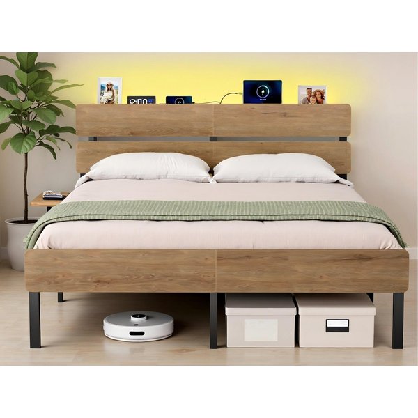 VASAGLE Bettgestell Doppelbettgestell, Unterbettaufbewahrung, einfache Montage (160 x 200 cm, geräuscharm), LED-Beleuchtung, USB-A- und USB-C-Anschluss, 160 x 2