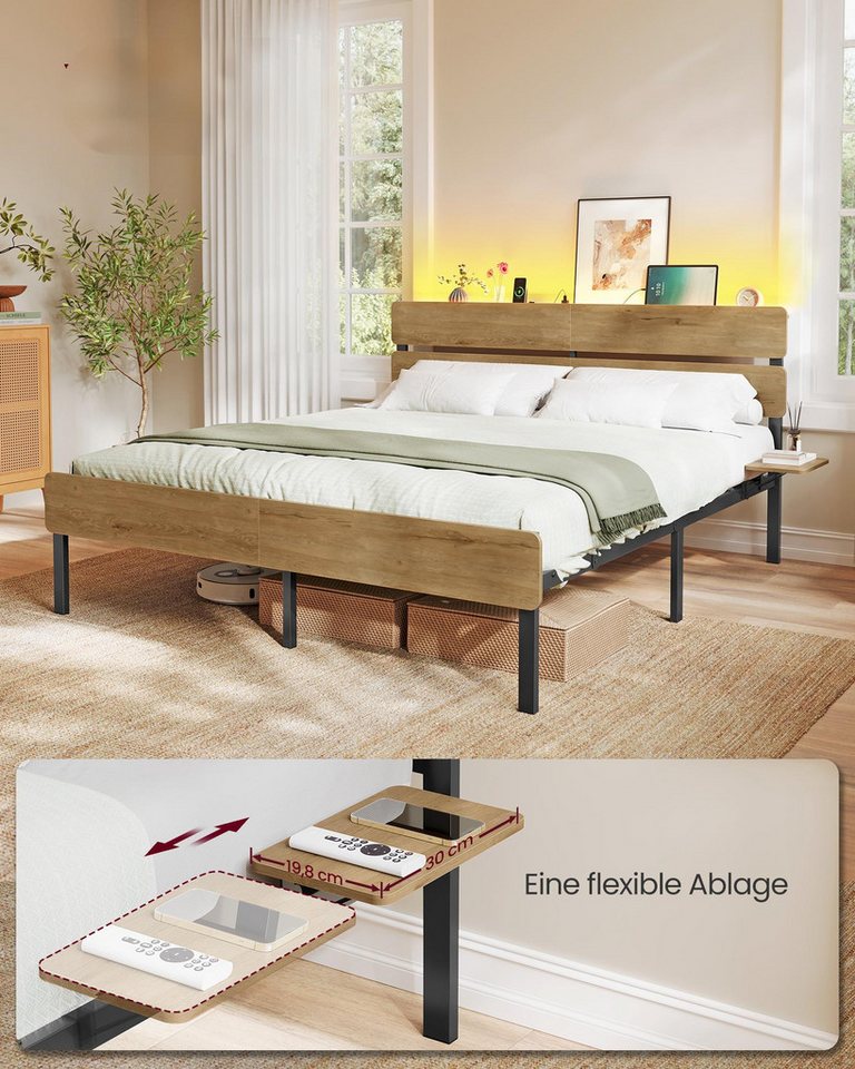 VASAGLE Bettgestell Doppelbettgestell, Unterbettaufbewahrung, einfache Montage (160 x 200 cm, geräuscharm), LED-Beleuchtung, USB-A- und USB-C-Anschluss, 160 x 2 – Bild 2 von 5