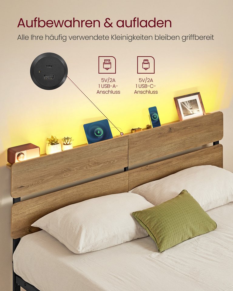 VASAGLE Bettgestell Doppelbettgestell, Unterbettaufbewahrung, einfache Montage (160 x 200 cm, geräuscharm), LED-Beleuchtung, USB-A- und USB-C-Anschluss, 160 x 2 – Bild 3 von 5
