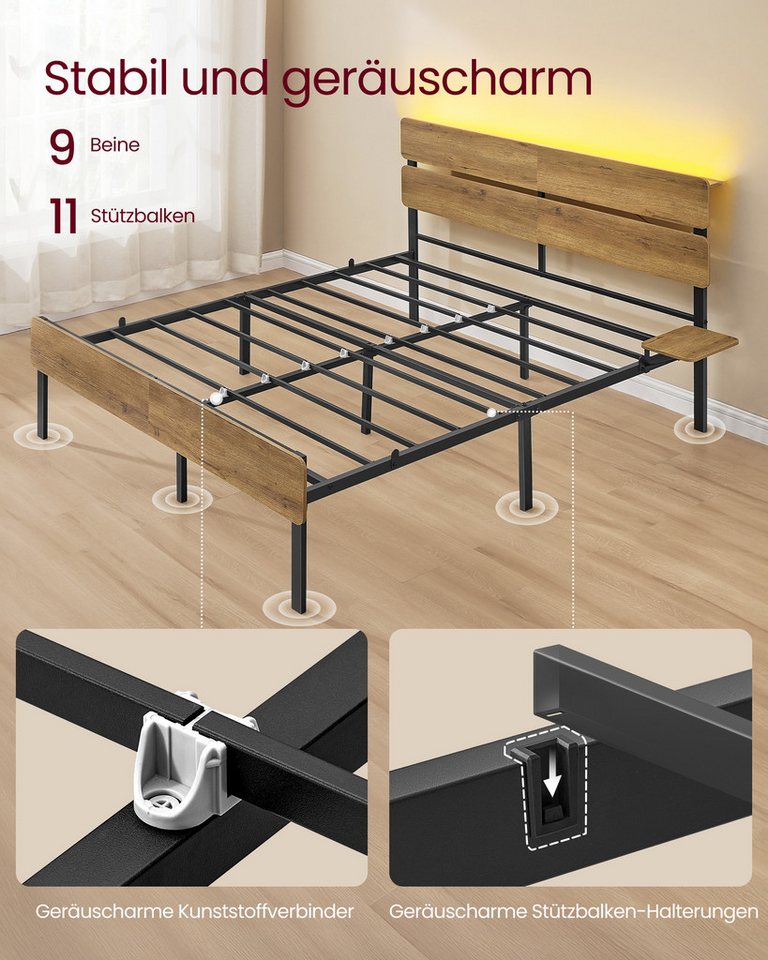 VASAGLE Bettgestell Doppelbettgestell, Unterbettaufbewahrung, einfache Montage (160 x 200 cm, geräuscharm), LED-Beleuchtung, USB-A- und USB-C-Anschluss, 160 x 2 – Bild 4 von 5