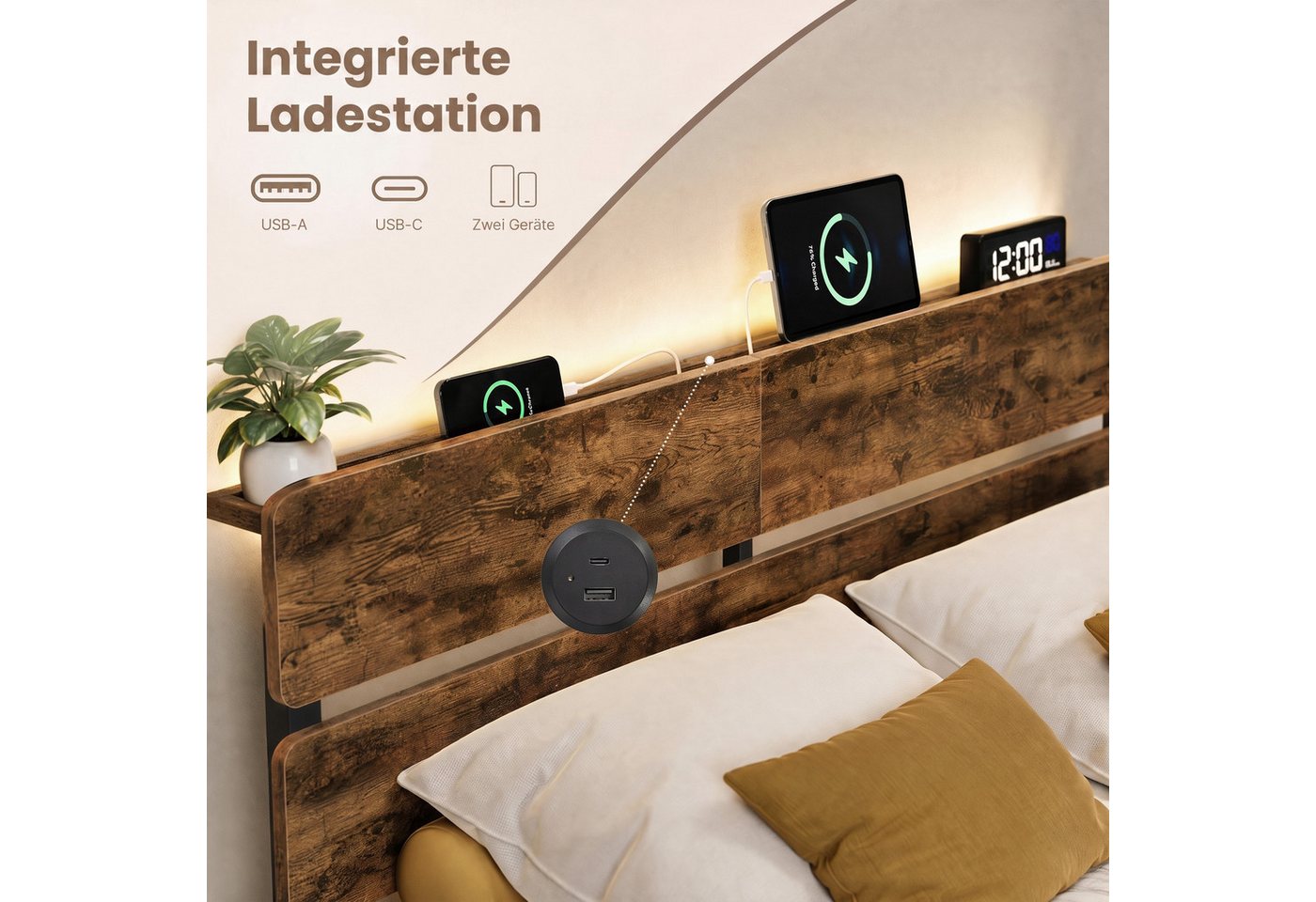 VASAGLE Bettgestell Doppelbettgestell, Unterbettaufbewahrung, einfache Montage, LED-Beleuchtung, USB-A- und USB-C-Anschluss, 160 x 200 cm – Bild 4 von 5