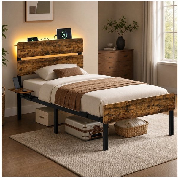VASAGLE Bettgestell Doppelbettgestell, Unterbettaufbewahrung, einfache Montage, LED-Beleuchtung, USB-A- und USB-C-Anschluss, 90 x 200 cm