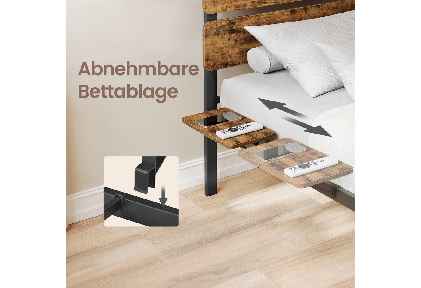 VASAGLE Bettgestell Doppelbettgestell, Unterbettaufbewahrung, einfache Montage, LED-Beleuchtung, USB-A- und USB-C-Anschluss, 90 x 200 cm – Bild 3 von 5