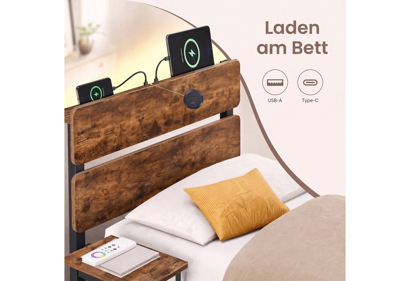 VASAGLE Bettgestell Doppelbettgestell, Unterbettaufbewahrung, einfache Montage, LED-Beleuchtung, USB-A- und USB-C-Anschluss, 90 x 200 cm – Bild 4 von 5