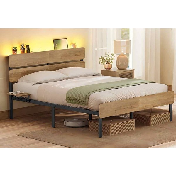 VASAGLE Bettgestell Doppelbettgestell, Unterbettaufbewahrung, einfache Montage (140 x 200 cm, geräuscharm), LED-Beleuchtung, USB-A- und USB-C-Anschluss, 140 x 2