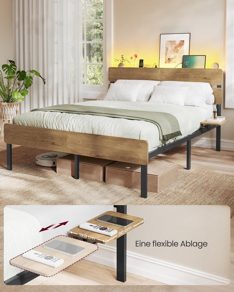 VASAGLE Bettgestell Doppelbettgestell, Unterbettaufbewahrung, einfache Montage (140 x 200 cm, geräuscharm), LED-Beleuchtung, USB-A- und USB-C-Anschluss, 140 x 2 – Bild 2 von 5