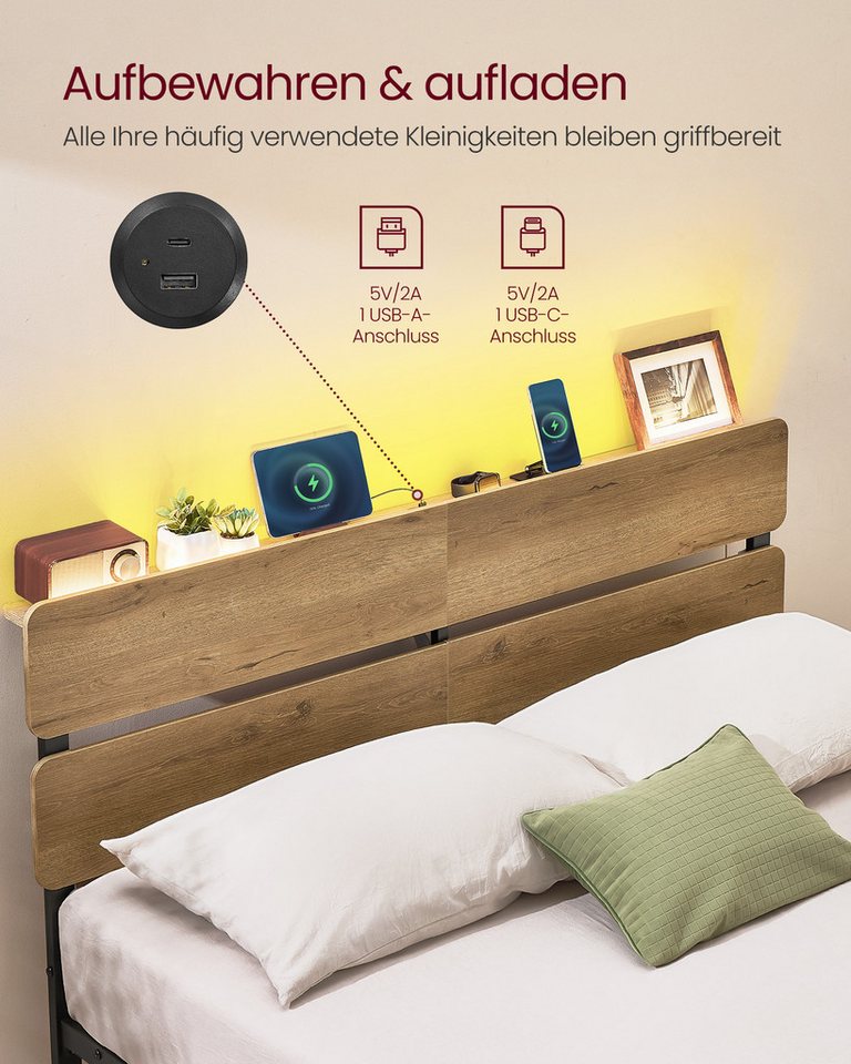 VASAGLE Bettgestell Doppelbettgestell, Unterbettaufbewahrung, einfache Montage (140 x 200 cm, geräuscharm), LED-Beleuchtung, USB-A- und USB-C-Anschluss, 140 x 2 – Bild 3 von 5