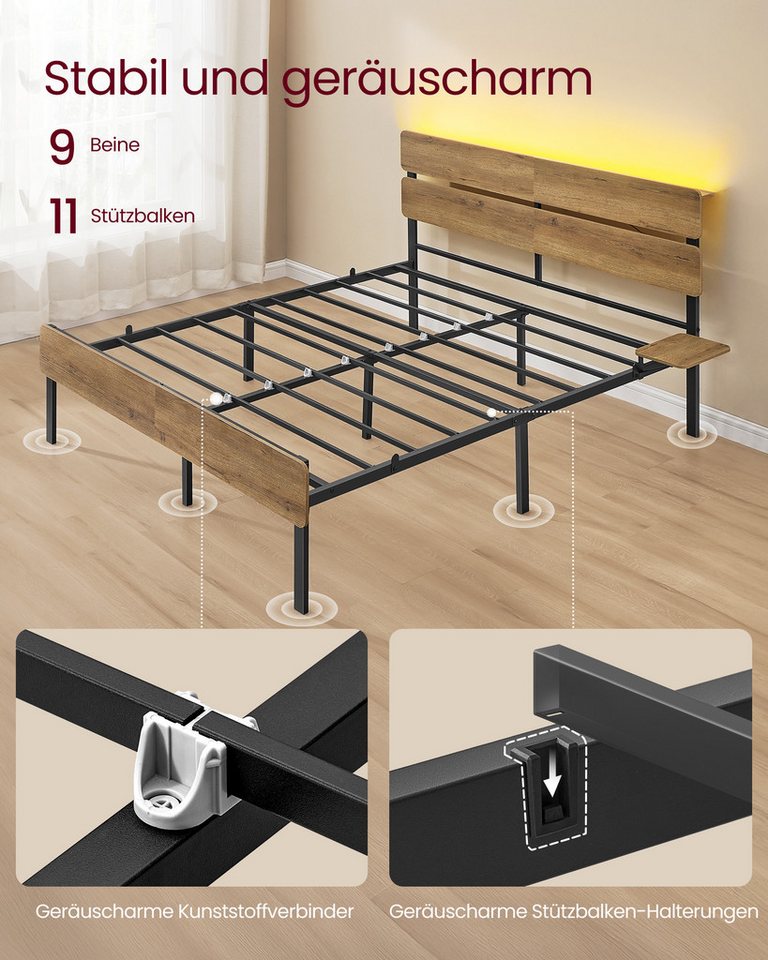 VASAGLE Bettgestell Doppelbettgestell, Unterbettaufbewahrung, einfache Montage (140 x 200 cm, geräuscharm), LED-Beleuchtung, USB-A- und USB-C-Anschluss, 140 x 2 – Bild 4 von 5