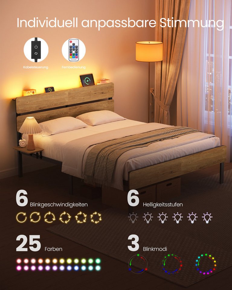 VASAGLE Bettgestell Doppelbettgestell, Unterbettaufbewahrung, einfache Montage (140 x 200 cm, geräuscharm), LED-Beleuchtung, USB-A- und USB-C-Anschluss, 140 x 2 – Bild 5 von 5