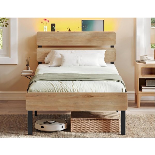 VASAGLE Bettgestell Doppelbettgestell, Unterbettaufbewahrung, einfache Montage (90 x 200 cm, geräuscharm), LED-Beleuchtung, USB-A- und USB-C-Anschluss, 90 x 200