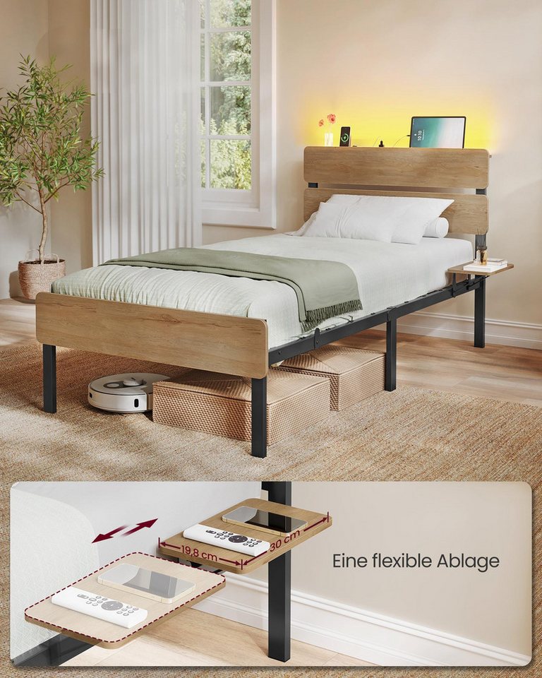 VASAGLE Bettgestell Doppelbettgestell, Unterbettaufbewahrung, einfache Montage (90 x 200 cm, geräuscharm), LED-Beleuchtung, USB-A- und USB-C-Anschluss, 90 x 200 – Bild 2 von 5