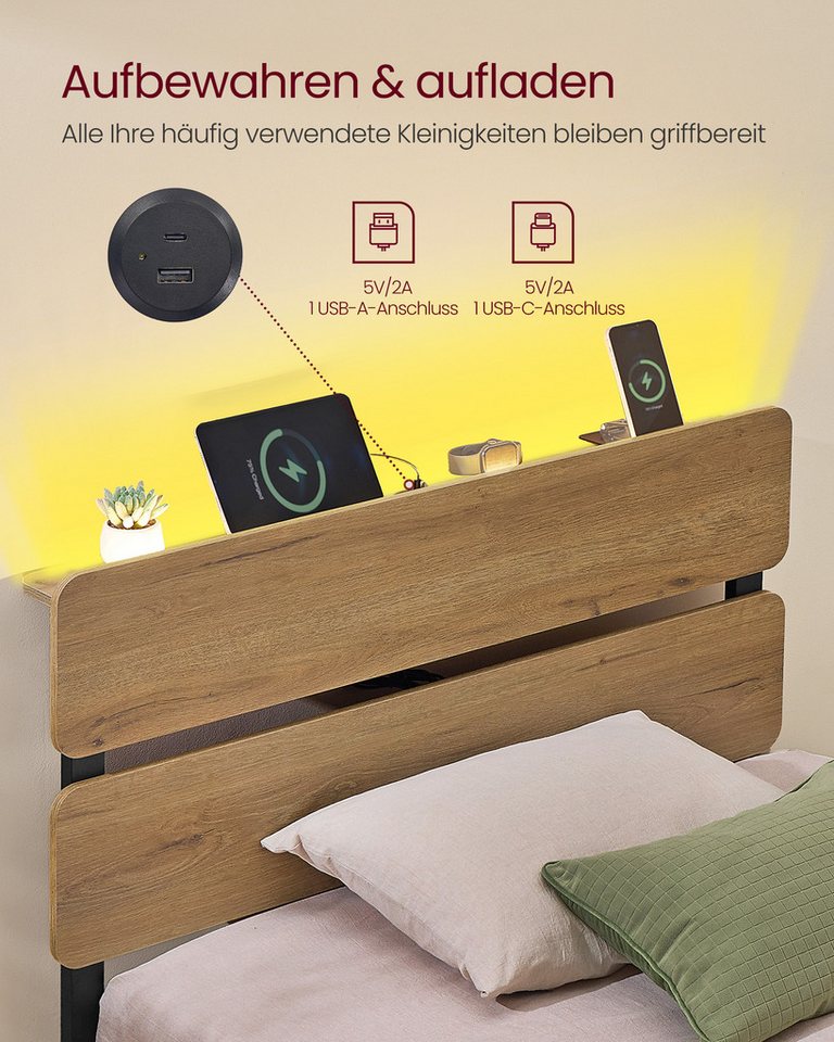 VASAGLE Bettgestell Doppelbettgestell, Unterbettaufbewahrung, einfache Montage (90 x 200 cm, geräuscharm), LED-Beleuchtung, USB-A- und USB-C-Anschluss, 90 x 200 – Bild 3 von 5