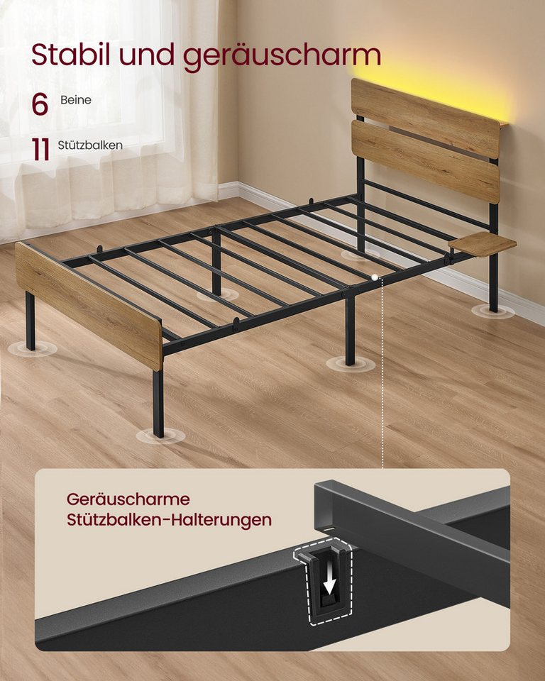 VASAGLE Bettgestell Doppelbettgestell, Unterbettaufbewahrung, einfache Montage (90 x 200 cm, geräuscharm), LED-Beleuchtung, USB-A- und USB-C-Anschluss, 90 x 200 – Bild 4 von 5